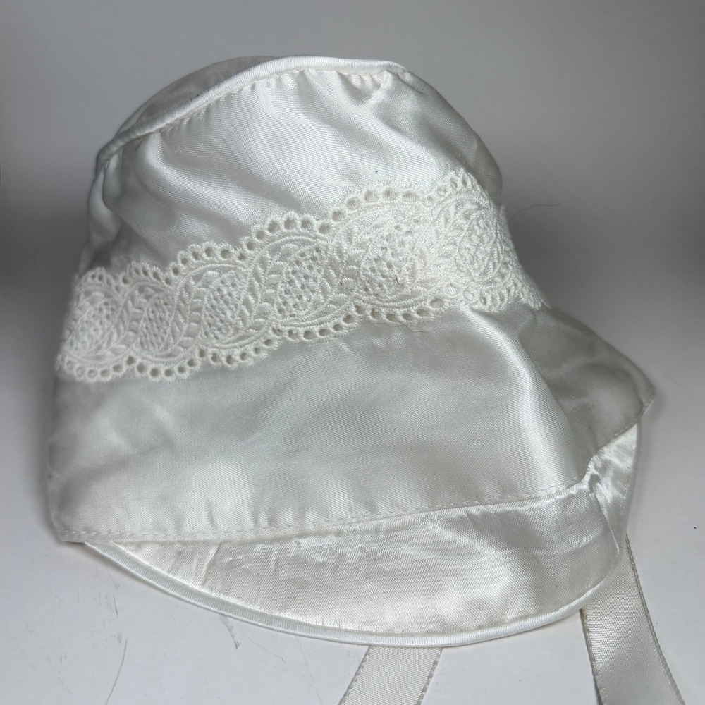 Vintage White Satin Baby Bonnet Lace Trim Ribbon Tie USA Made LRG christening